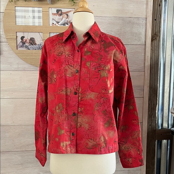 Chico's Design Red Floral Button-Up Shirt - Picture 1 of 4